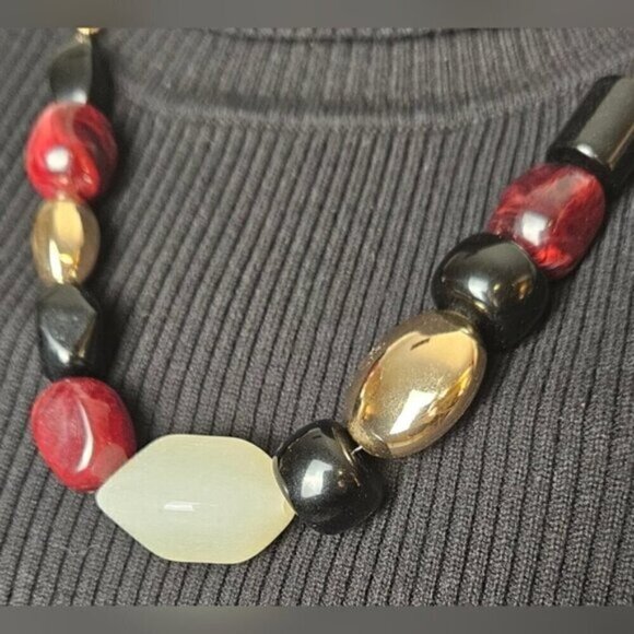 Chunky Red Black Gold Beaded Statement Necklace w/ Gold Tone Chain - Picture 4 of 6
